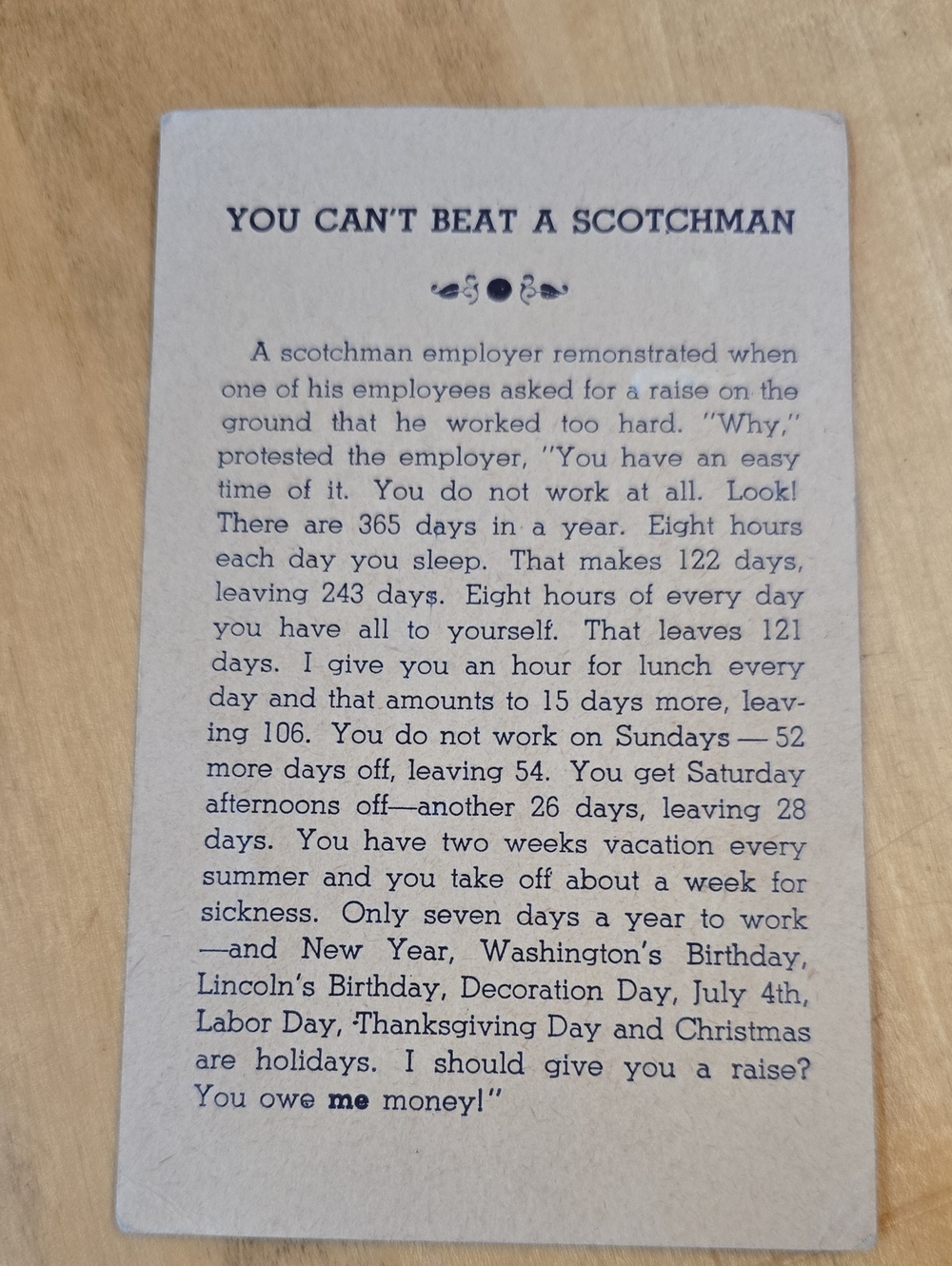 Vintage Novelty Card — "You Can't Beat a Scotchman"